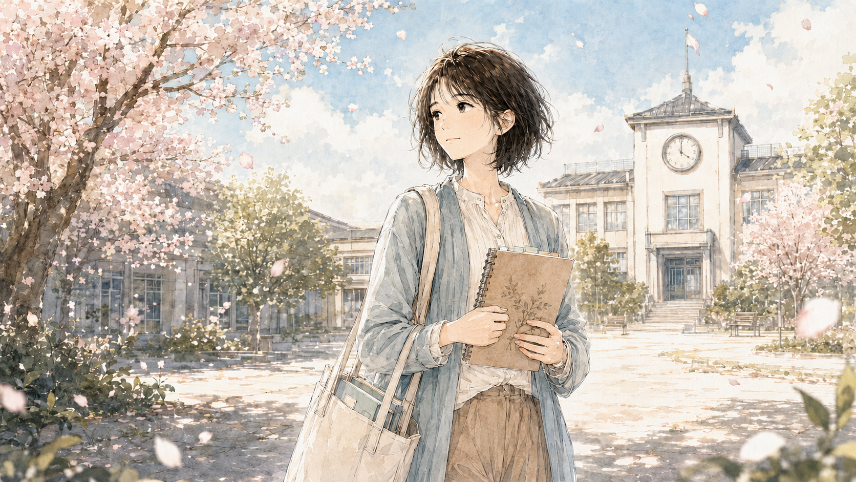 桜の学び舎を背景にノートを手にした朝凪ルナ