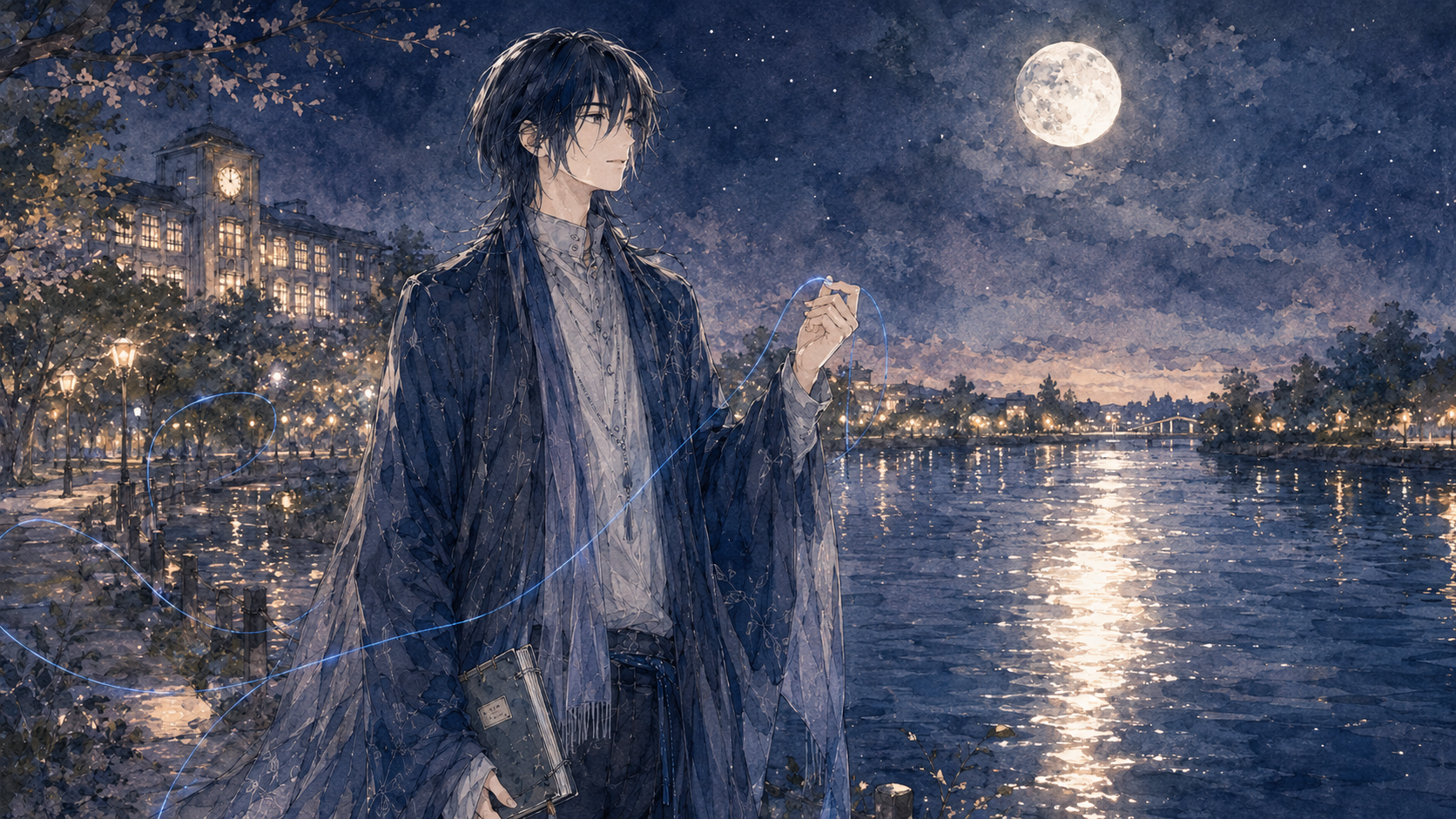 月夜の水辺で青い糸を手にする結城アオ